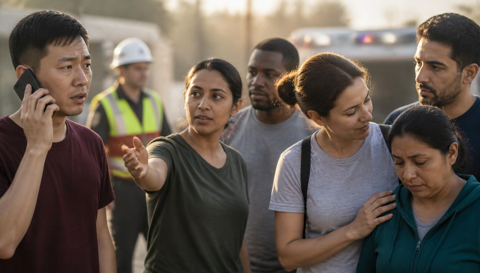 Diverse people helping each other during an emergency